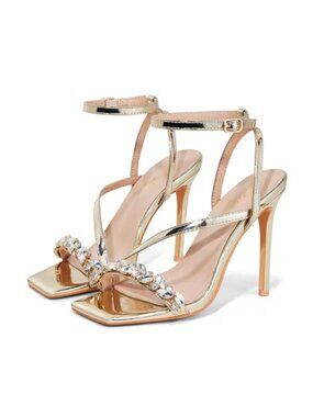 Women's Crystal Stiletto Heeled Sandals 4 Inch Square Open Toe Strappy Sexy